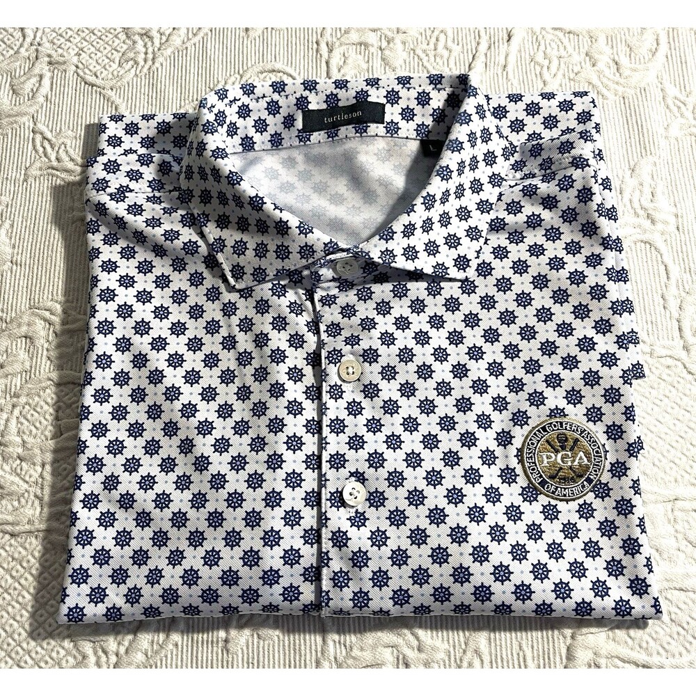 Turtleson Golf Polo Shirt PGA Emblem on Chest Ships Wheel AOP Mens Large